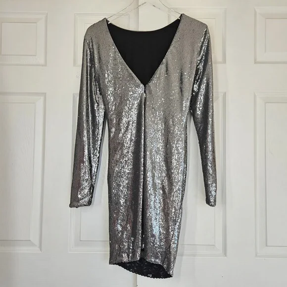 Dress the Population Emilia Sequin Long Sleeve Dress Womens Gray Size M